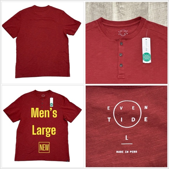 Men’s Even Tide Large Henley Short Sleeve T-Shirt Top Tee Burgundy Cotton NWT - Picture 1 of 9